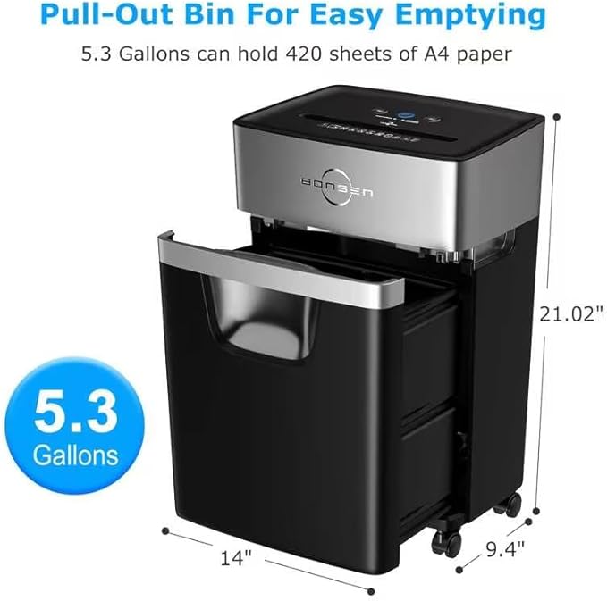 BONSEN 16-Sheet Heavy Duty Paper Shredder for Office, 60-Minute Running Time Cross-Cut CD Shredder with 60dB Low-Noise, 5.3-Gallon Pull Out Bin, Anti-Jam & Quiet Shredder for Home Office (S3102)