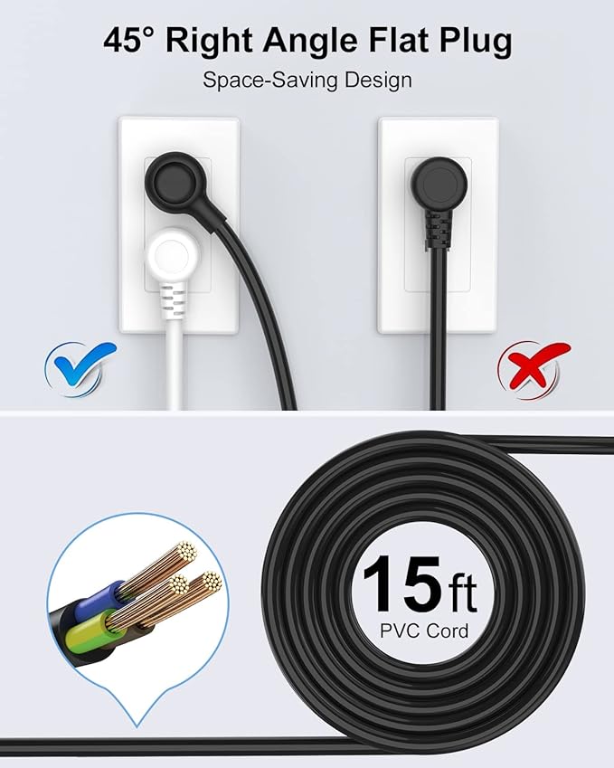 15 Ft Power Strip Surge Protector, 6 Outlets and 4 USB Ports, Flat Plug Power Strips Long Extension Cord with Overload Protection, Wall Mount for Home, Office, Dorm, ETL Listed Black