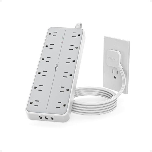 Surge Protector Power Strip, TESSAN Extension Cord with Multiple Outlets, 12 AC Outlets, 3 USB Ports(1 USB C), Flat Wall Plug, 5 Ft, 1700 Joules Protection for Home Office Dorm Room Essentials