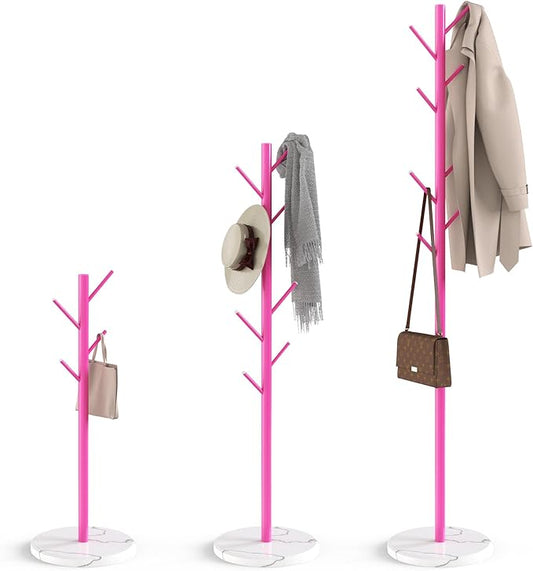 Coat Rack with Natural Marble Base, Metal Freestanding Coat Rack with 8 Hooks, 3 Adjustable Size Sturdy Coat Tree for Bags, Coats, and Hats for Entryway, Hallway, Bedroom, Office, Pink