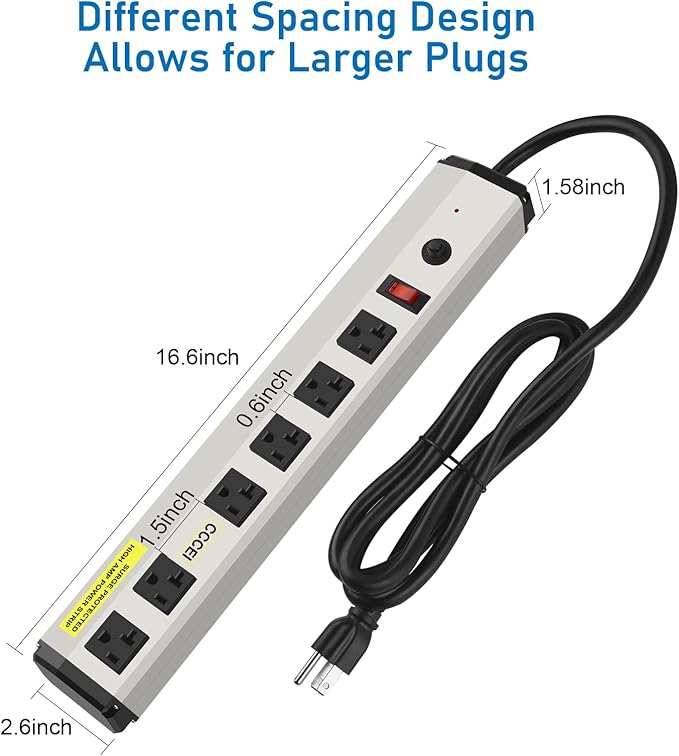 CCCEI Heavy Duty Power Strip Surge Protector 20 Amp, High Amp Industrial Shop Garage Metal Multiple Outlets, 4 FT 12 Gauge 5-15P Extension Cord 6 Outlet 6-20R T-Slot 20a for Appliance.