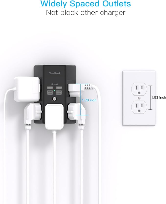 Surge Protector, 5 Outlets Extender with 4 USB Ports(USB C PD30W), 3-Side 1680J Power Strip Multi Plug Outlet Expander, USB Wall Charger, Outlet Splitter Adapter Wall Mount for Home Office(Black)