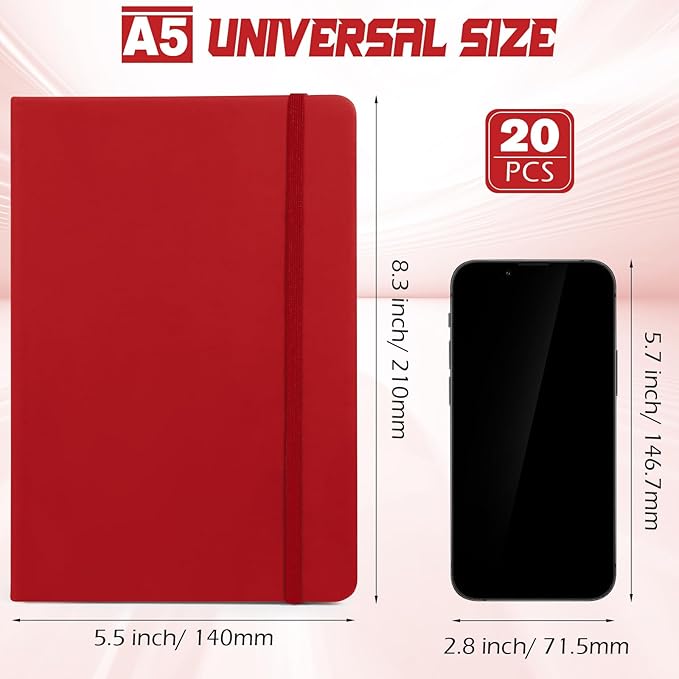 Honoson 20 Pack Lined Journal Notebooks A5 Hardcover Executive Notebook 5.5" x 8.3" PU Leather Wide Ruled Journals Bulk with Elastic Band for Home Business Office School Supplies(Red)