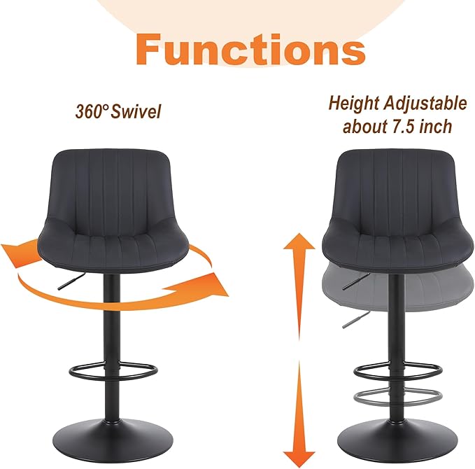 Bar Stools Set of 3, Swivel Counter Height Barstools with Back, Adjustable PU Leather Bar Chairs, Modern Armless Kitchen Island Stool, Black