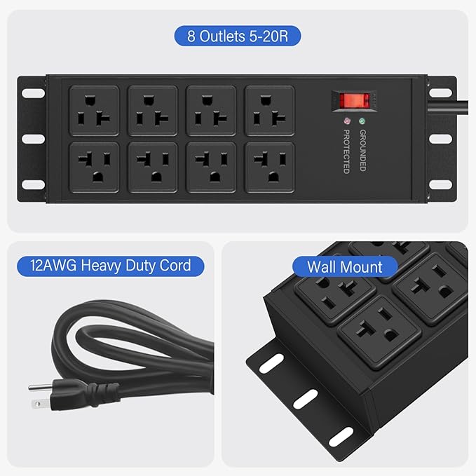 CCCEI 2PCS Heavy Duty Power Strip Surge Protector 20 AMP, 8 Outlets 12 Gauge Shop Garage Metal Multiple Outlets, 6 FT Extension Cord 5-15P Adapter High Amp 6-20R T-Slot 20a for Appliance Black.