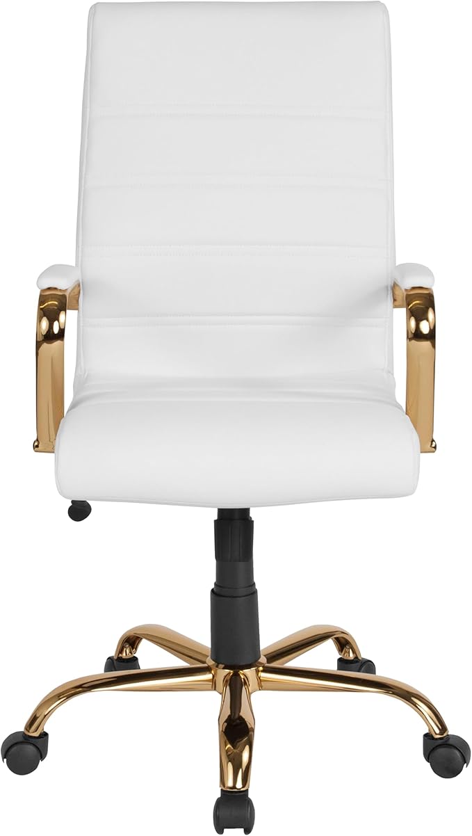 Flash Furniture Whitney Mid-Back Swivel LeatherSoft Desk Chair with Padded Seat and Armrests, Adjustable Height Padded Office Chair, 27"D x 26"W x 43"H, White/Gold