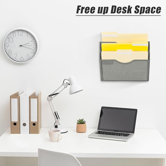 EASEPRES 3 Pocket Mesh Hanging Wall File Organizer, Wall Mounted Mail Paper Document Folder Holder, Clipboard Storage Organization Magazine Rack with Nametag Label for Office Home School, Gray
