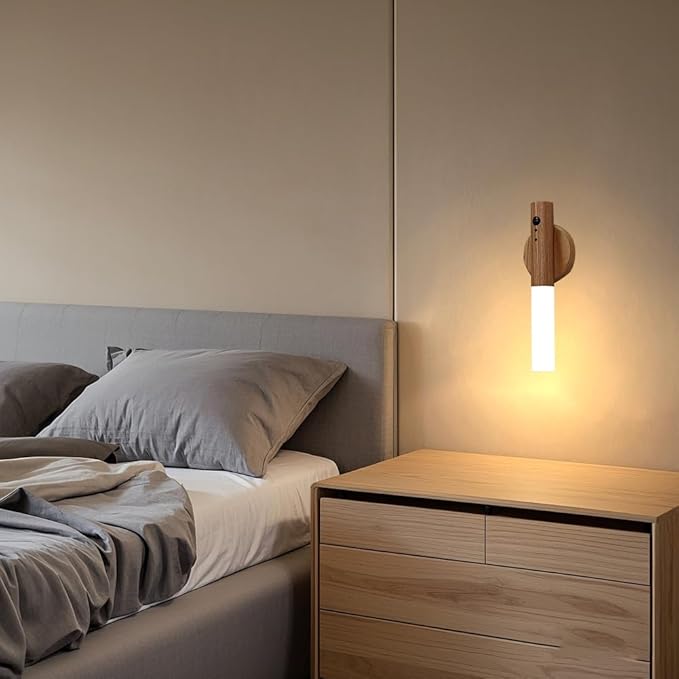LANDGOO Motion Sensor Night Light RGB & Touch Control | USB-C Rechargeable Ash Wood Wall Sconce | Bathroom/Bedroom Light for Hallway, Stairs, Nursery, Closet, Vanity, Party