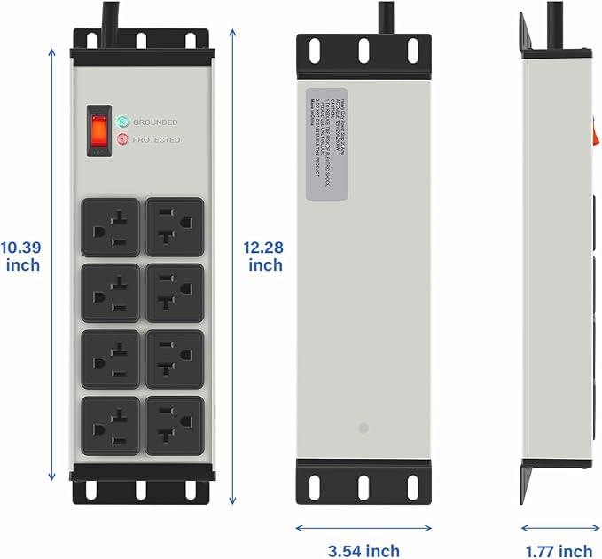 CCCEI 2PCS Heavy Duty Power Strip Surge Protector 20 AMP, 8 Outlets 12 Gauge Shop Garage Metal Multiple Outlets, 4 FT Extension Cord 5-15P Adapter High Amp 6-20R T-Slot 20a for Appliance Grey.