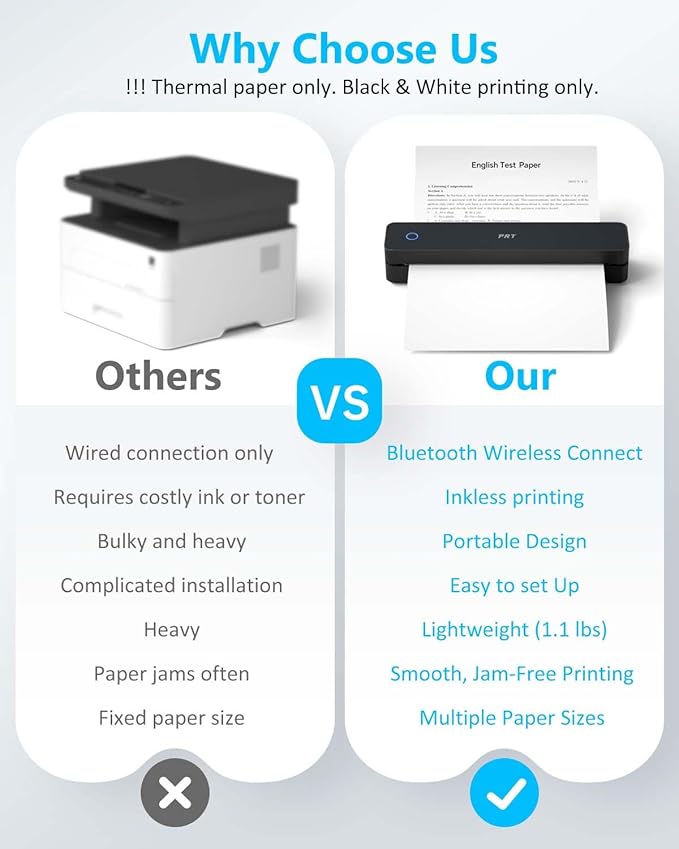 Inkless Portable Printer for Travel, Wireless Thermal Printer Support 8.5 x 11 Inch US Letter A4 B5, Bluetooth Mobile Printers with iOS, Android, Laptop for Home Use, Car, Office, School, Black