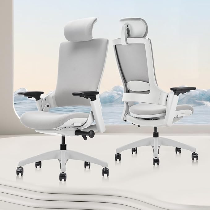 CLATINA Ergonomic High Swivel Executive Chair with Adjustable Height Head 3D Arm Rest Lumbar Support and Upholstered Back for Home Office Gray