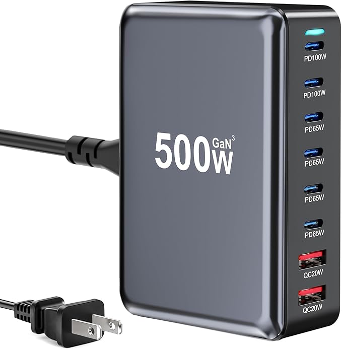 500W USB C Fast Charger Block, 8 Port USB Charging Station, GaN Ⅲ Pro Double 100W PD PPS Port Fast Charging Station for Multiple Devices,Laptop Wall Charger Compatible with MacBook/iPhone 16/iPad etc