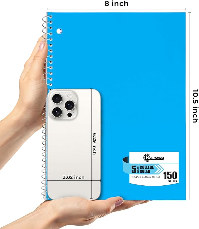 Bulk Spiral Notebook 24 Pack, 5 Subject, 300 Pages/Book (150 Sheets), 8 x 10-1/2, College Ruled, School & Office Spiral Notebooks, Back to School Notebook Journal, Soft Cover, Assorted Colors