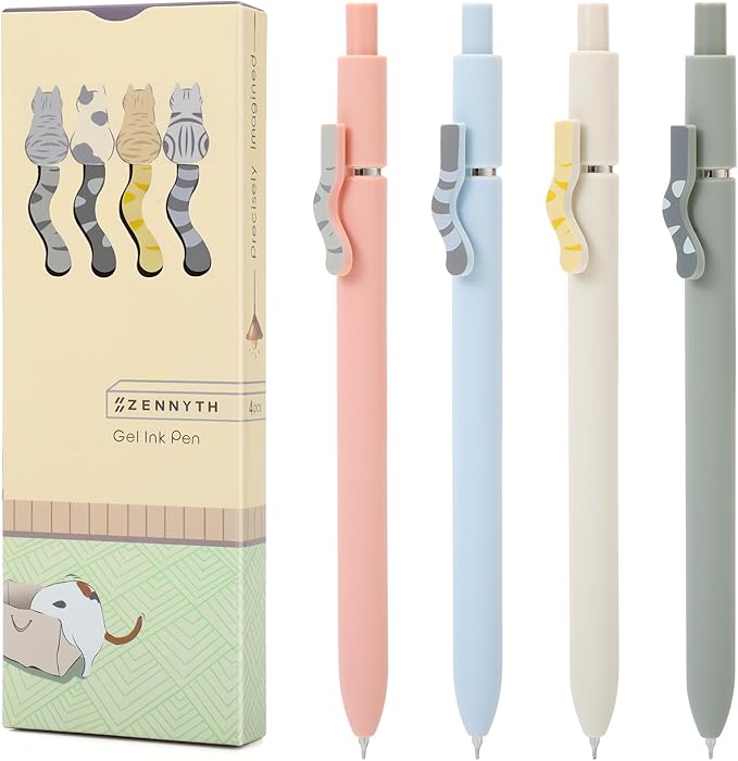 FIOVER Cat Pens,4Pcs 0.5mm Quick Dry Black Ink Fine Point Smooth Writing Pens, High-End Series Ballpoint for Journaling Note Taking, Cat Lover Gifts for Women