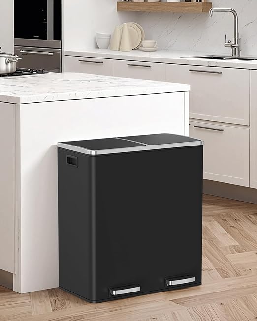 Arlopu 16 GallonStainless Steel Trash Can, 60L Dual Compartment, Metal Kitchen Step Recycle Bin, Metal Double Dustbin, in-Home Garbage Rubbish Can W/Removable Liner Buckets (Black)