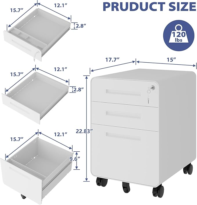 Rolling File Cabinet with Lock, 3 Drawer Metal Mobile Filing Cabinet Office Under Desk for Legal/Letter Size, Fully Assembled Except Casters