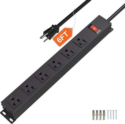 Power Strip with 6AC Outlets 6 Ft UL 14AWG Cord Straight Plug,Metal Wall Mount Heavy Duty Power Strip with Switch for Commercial,Industrial,School and Home,15A/125V/1875W,Black(6FT)