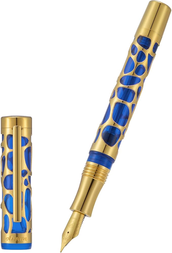 Asvine V169 Vacuum Filling Fountain Pen Fine Nib, Water Drop Skeleton Gold Trim Transparent Blue Acrylic Pen Case Set