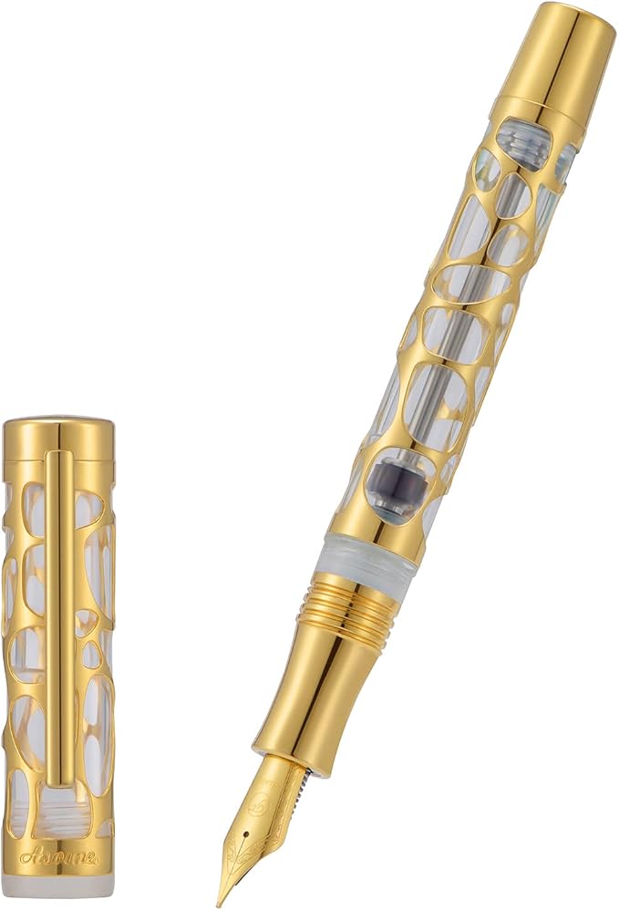 Asvine V169 Vacuum Filling Fountain Pen Medium Nib, Water Drop Skeleton Gold Trim Transparent Clear Acrylic Pen Case Set
