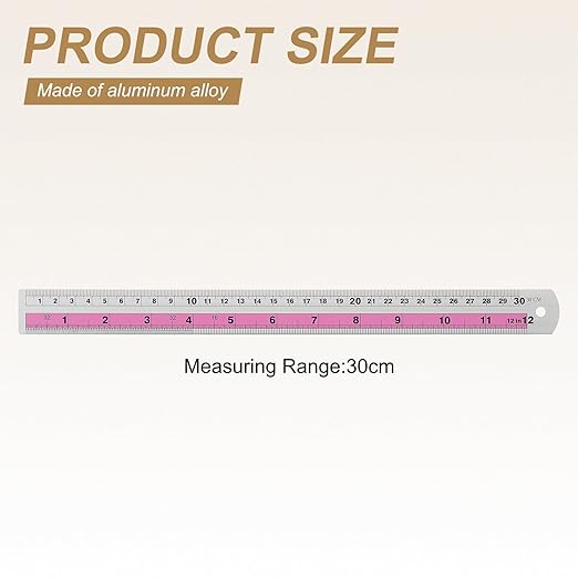 HARFINGTON 6pcs Metal Straight Ruler 30cm Metric SAE Aluminum Alloy Measuring Rulers Scale Tools with Hole for Measure Study Reading Classroom Office, Pink