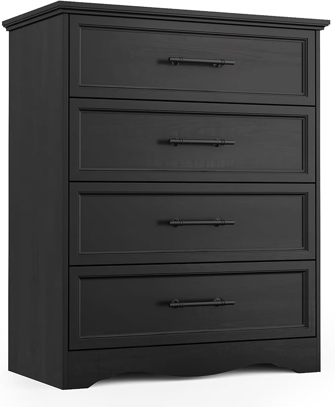 Black Dresser for Bedroom, Farmhouse 36" Tall 4 Drawer Chest with Sleek Brushed Metal Handles, Modern Wood Storage Cabinet with Unique Base Design, Closet Organizer for Bedroom, Living Room, Hallway