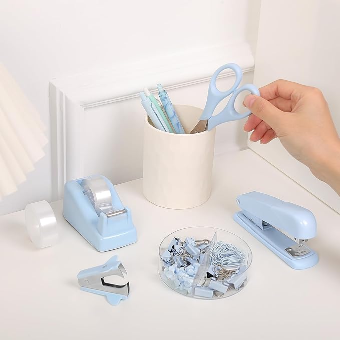 SKYDUE Blue Office Desk Accessories, Blue Office Supplies, Stapler, Tape Dispenser, Scissors, Clips and 1000pcs Staples,Desk Supplies for Women