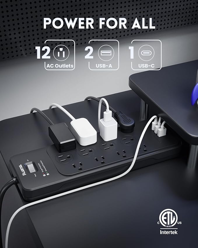 Surge Protector Power Strip 20FT(4080J), PLUGTUL Surge Protector with 12 Outlets - Spacious Design for Large Plugs, Flat Plug, 20W USB C Charging for Home, Office, ETL Listed