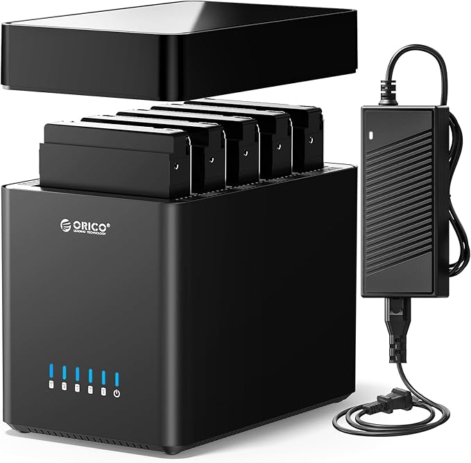ORICO 5 Bay 3.5 Inch Hard Drive Enclosure USB C to SATA Magnetic Tool-Free External HDD Enclosure with 12V/6.5A Power Adapter for Family Storage Expansion Up to 90TB(5x18) - DS500C3