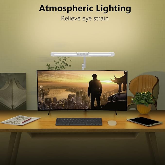 Micomlan Led Desk Lamp for Home Office, White Architect Desk Lamp with Clamp for Crafting, 24W Bright Rotatable Led Table Light Stepless Dimming Tempering Wide Computer Light with Atmosphere Lighting