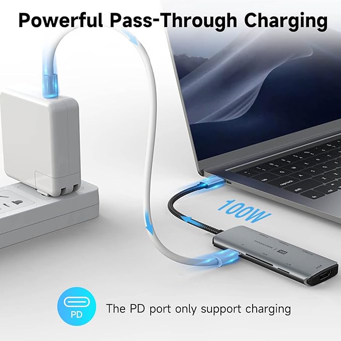 RSHTECH USB C Hub 7-in-1 Multiport Adapter with 8K HDMI, 10Gbps USB-C and 2 USB A Data Ports, 100W Power Delivery, SD/TF Card Reader, Aluminum USB 3.1/3.2 Gen 2 Hub Dongle for PC and Laptop, RSH-T02
