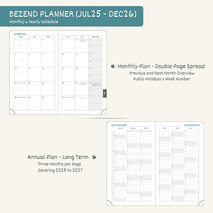 BEZEND Pocket Planner 2025-2026 Weekly and Monthly, 3.5" x 6" Academic Planner (Jul 25-Dec 26) 18-Month Mid-Year Calendar Book, Storage Pocket, Pen Holder, PU Leather Hardcover - Dark Green