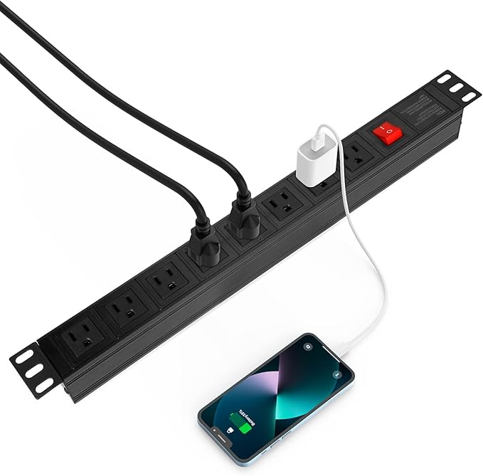 BTU Power Strip Surge Protector Rack-Mount PDU, 8 Right Angle Outlets Wide-Spaced, Mountable Power Strip Heavy Duty for Server Racks, Commercial, 300J (Black 6FT)