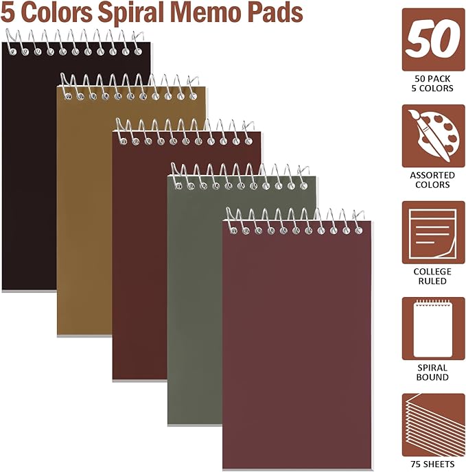 Teling 50 Pieces Spiral Memo Pads Bulk 3 x 5 Inch Small Note Pads Top Bound Lined College Ruled Paper Mini Notepad Pocket Spiral Notebooks for School Office Home Supplies, 75 Sheets (Retro Colors)