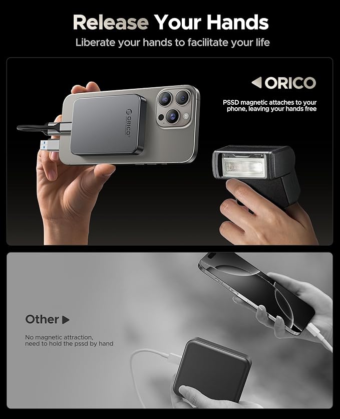 ORICO 512GB Magnetic Portable SSD, Metal Body, 4K 120 fps ProRes HDR Record and Store, Up to 460MB/s, USB C&A 2 in 1 Cable, External SSD Compatible with iPhone 16 Pro Max, Tablet, Computer - K5PLUS