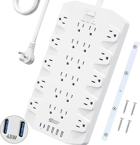 45W Power Strip Surge Protector with PD USB-C, SUPERDANNY 1875W/15A, 2100J, 6.5ft Flat Plug Mountable Extension Cord with 22 Outlet+6 USB Port, Fast Charging for Home,Office,Dorm,Gaming,PC,Streaming