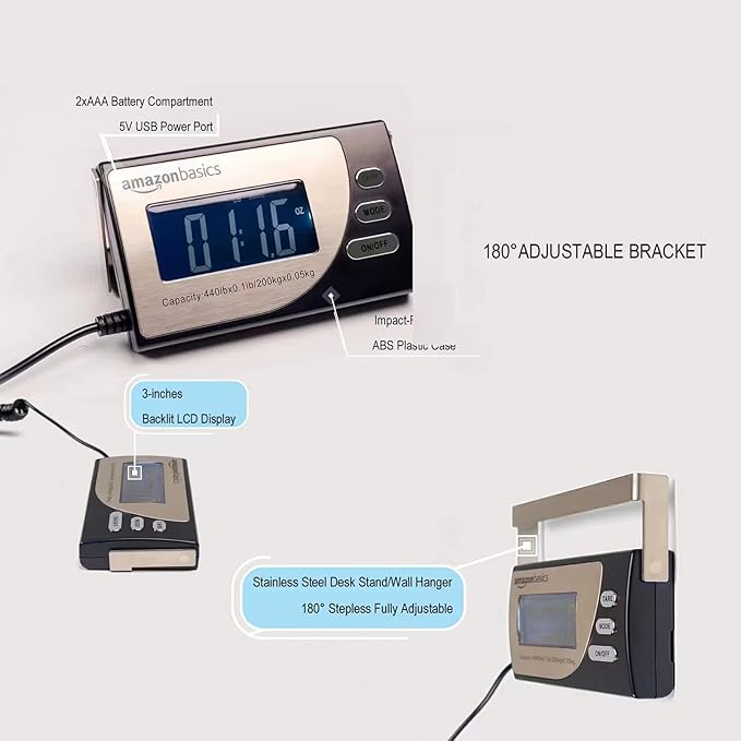 Amazon Basics Digital Postal Scale, Heavy Duty, Aluminium Platform, 440 lb Capacity, 1 Ounce Readability, Black