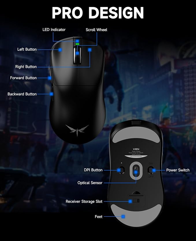 VGN F1 MOBA Wireless Gaming Mouse with Max 26,000 DPI, High Precision, Lightweight 55g, 4K Polling, 200Hr Battery Life, 6 Programmable Buttons, USB-C Charging, for PC/Mac/Laptop Classic Black