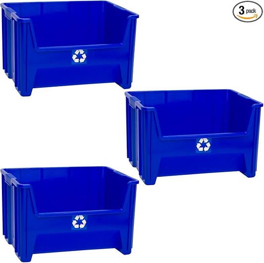 Commercial Industrial Heavy Duty Stackable Open-Front Recycling Bin Box Containers, 12.5 Gallon (Pack of 3), Blue