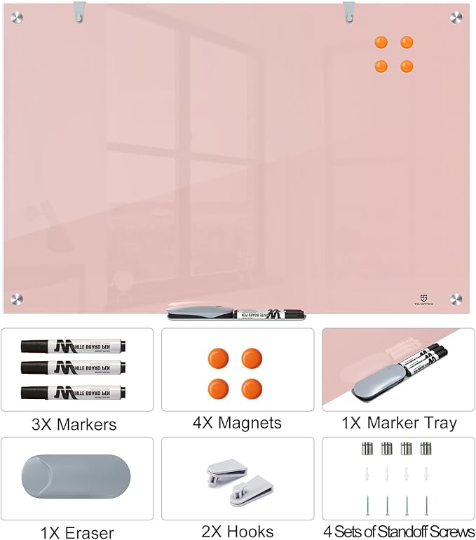 TSJ OFFICE Glass Dry-Erase Board - 36 x 24 Inches Wall Mounted Magnetic Whiteboard, Large Frameless Glass White Board for Office, Home & School, Pink