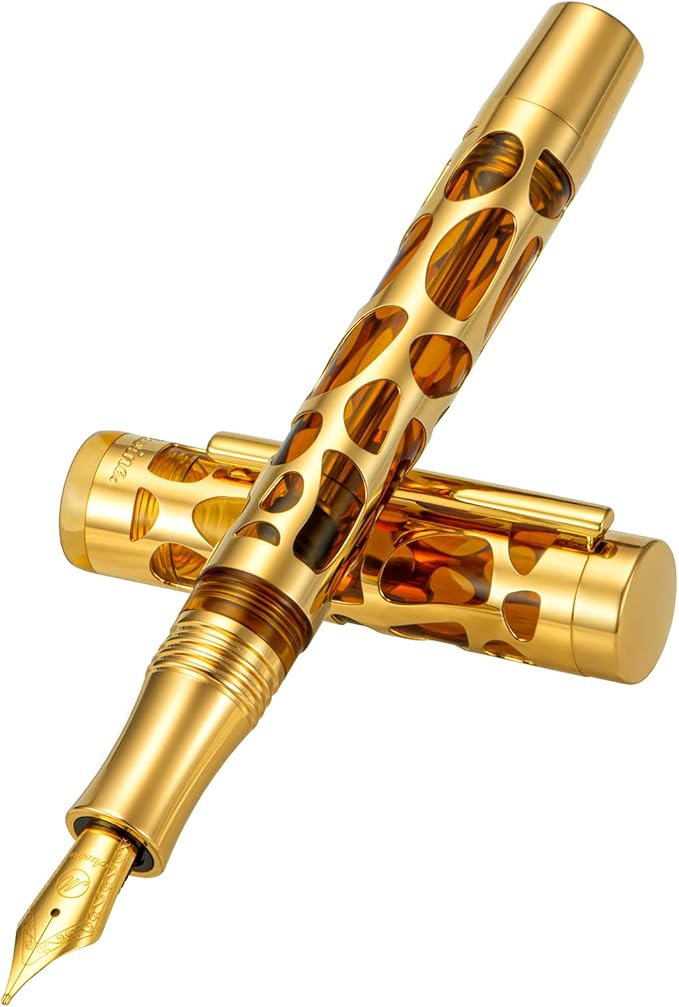 Asvine V169 Vacuum Filling Fountain Pen Extra Fine Nib, Water Drop Skeleton Gold Trim Transparent Coffee Acrylic Pen Case Set