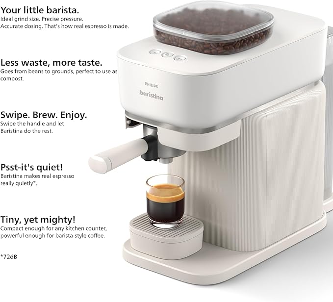 Philips Baristina Espresso Machine, Grind, Tamp & Brew Coffee Beans in One Swipe, Compact, 16 Bar Pump Pressure, Automatic Grinder, Natural White with White Portafilter (BAR300/00)