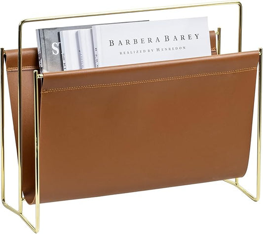 MyGift 15-Inch Modern Brown Leatherette & Brass Plated Metal Magazine Holder – Floor Standing Faux Leather Sling Style Newspaper Rack for Home, Bathroom, Office Decor