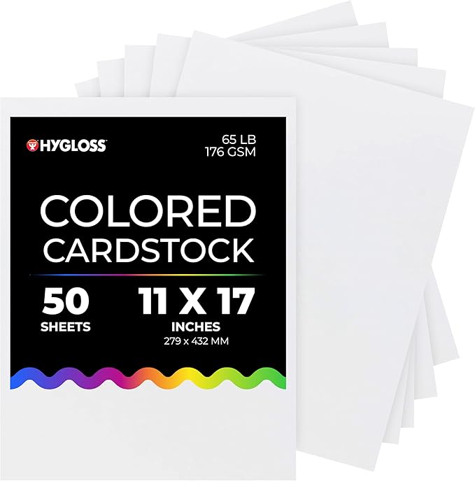 Hygloss White Cardstock - 11x17-Inch, 50 Sheets, 65 lb/ 176 gsm, Fade-Resistant, Acid-Free Color Card Stock Paper