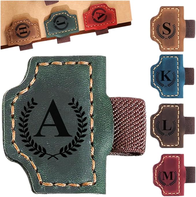 Custom Bookmark with Pen Holder with 26 Letters Personalized Magnetic Leather Book Mark, Customized Name Book Marker Clip with Initial for Men Women, Gifts for Book Lovers, Readers, (Green, A)