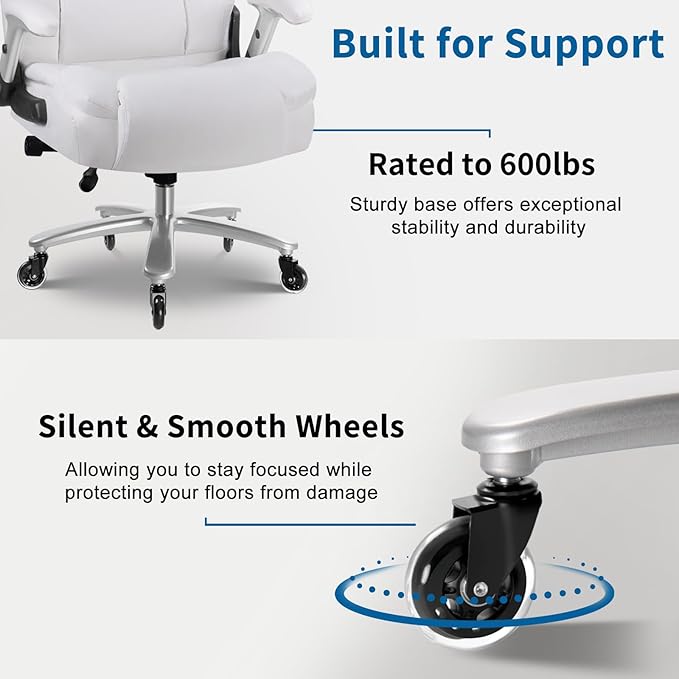 Big and Tall Office Chair 600lbs, Ergonomic Heavy Duty Executive Office Chair, High Back Office Leather Chair with Adjustable Armrests and Lumbar Support, White Big Tall Chair for Heavy People