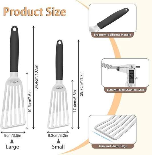 Fish Spatula Stainless Steel, Metal Spatula for Cast Iron Skillet, Slotted Turner with Silicone Handle for Cooking, Grilling, Flipping, Egg, Cookie, Pancake and Burger (Small and Large)