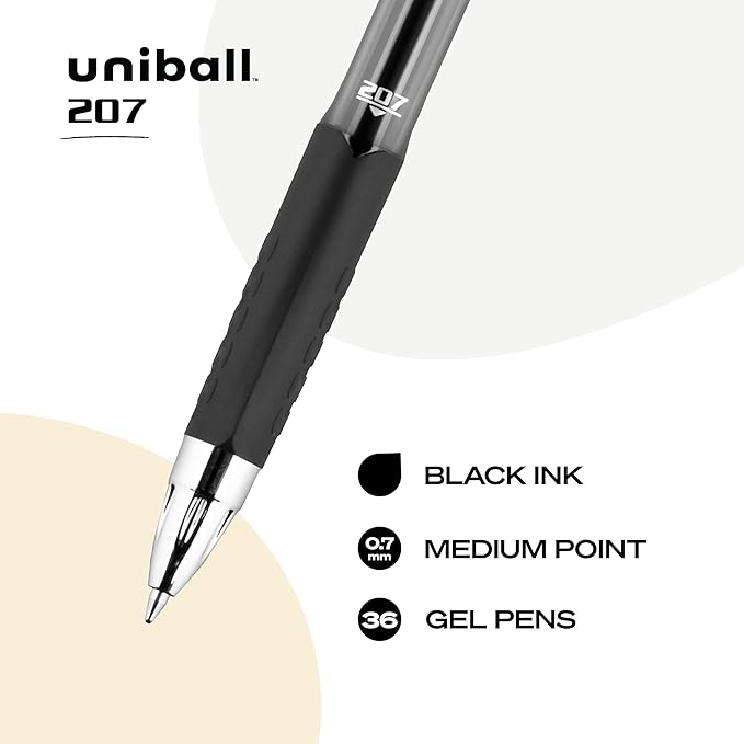 uni-ball 207 Retractable Gel Pens, Medium Point (0.7mm), Black, 36 Count