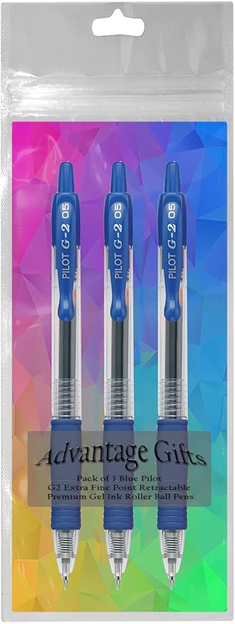 G2 Retractable Premium Gel Ink Roller Ball Pens Extra Fine Point (.5mm) Blue Ink 3 pack; Refillable & Premium Comfort Grip Bundle with Plastic Reusable Pouch