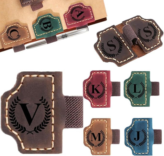 Custom Bookmark with Pen Holder with 26 Letters Personalized Magnetic Leather Book Mark, Customized Name Book Marker Clip with Initial for Men Women, Gifts for Book Lovers, Readers, (Coffee, V)