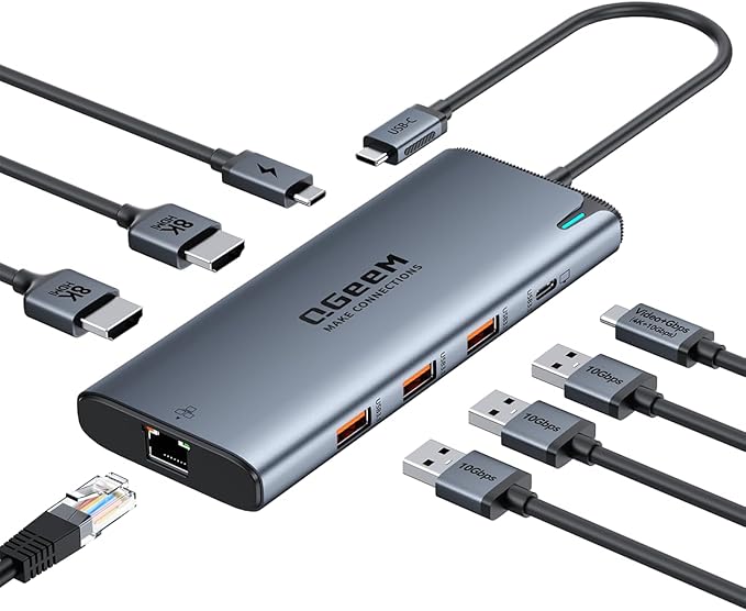QGeeM USB C Hub,8 in 1 Extender Splitter with Single 8K,Dual 4K@60Hz HDMI,Multiport USB C to Ethernet Adapter for Type C Device,USB A 10Gbps Data,PD100W-M1/M2 only 1 Display